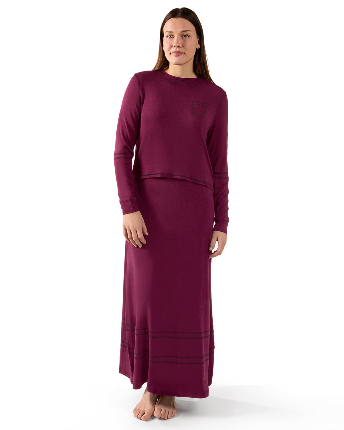 Women's Modal Blend Full-Length Nursing Gown with Decorative Stitching