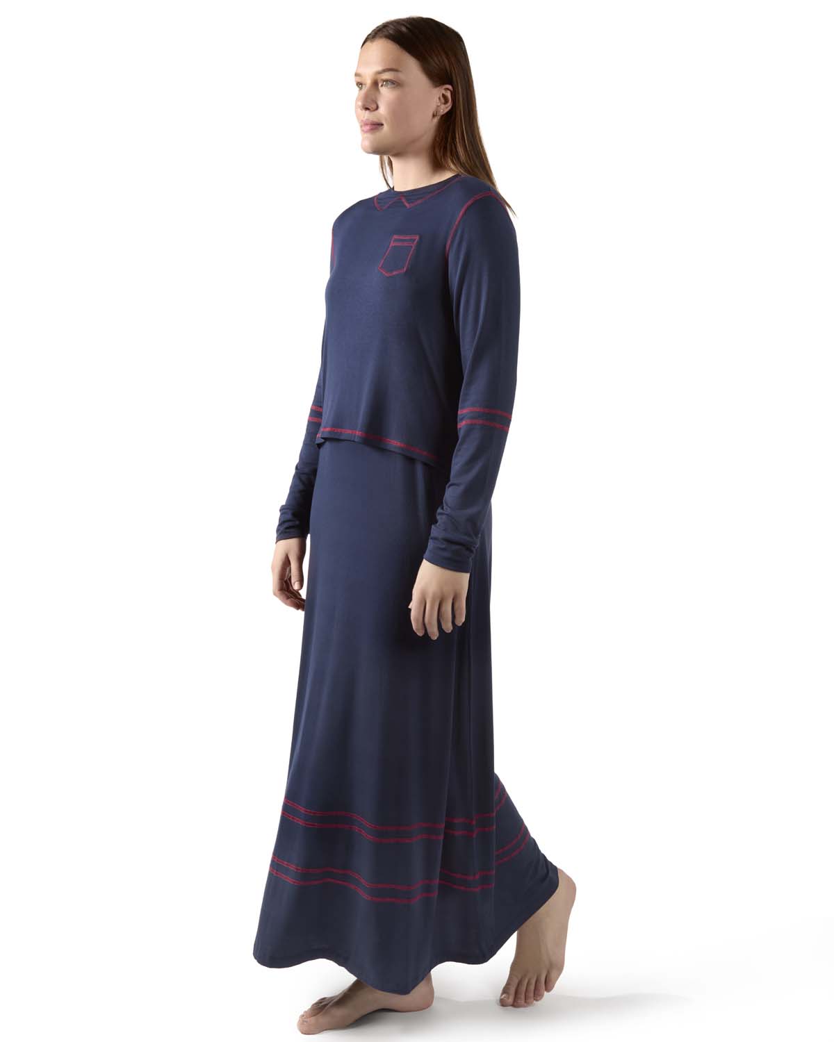 Women's Modal Blend Full-Length Nursing Gown with Decorative Stitching