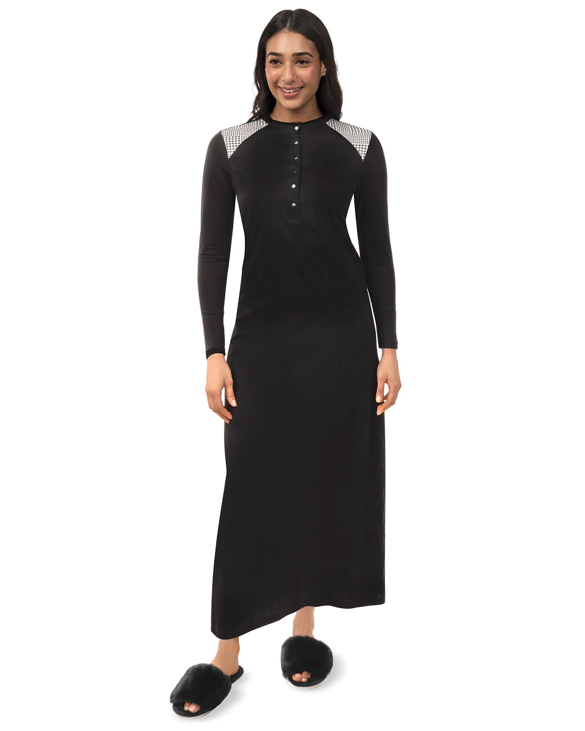 Women's Houndstooth-Trim Cotton-Rich Full-Length Nightgown