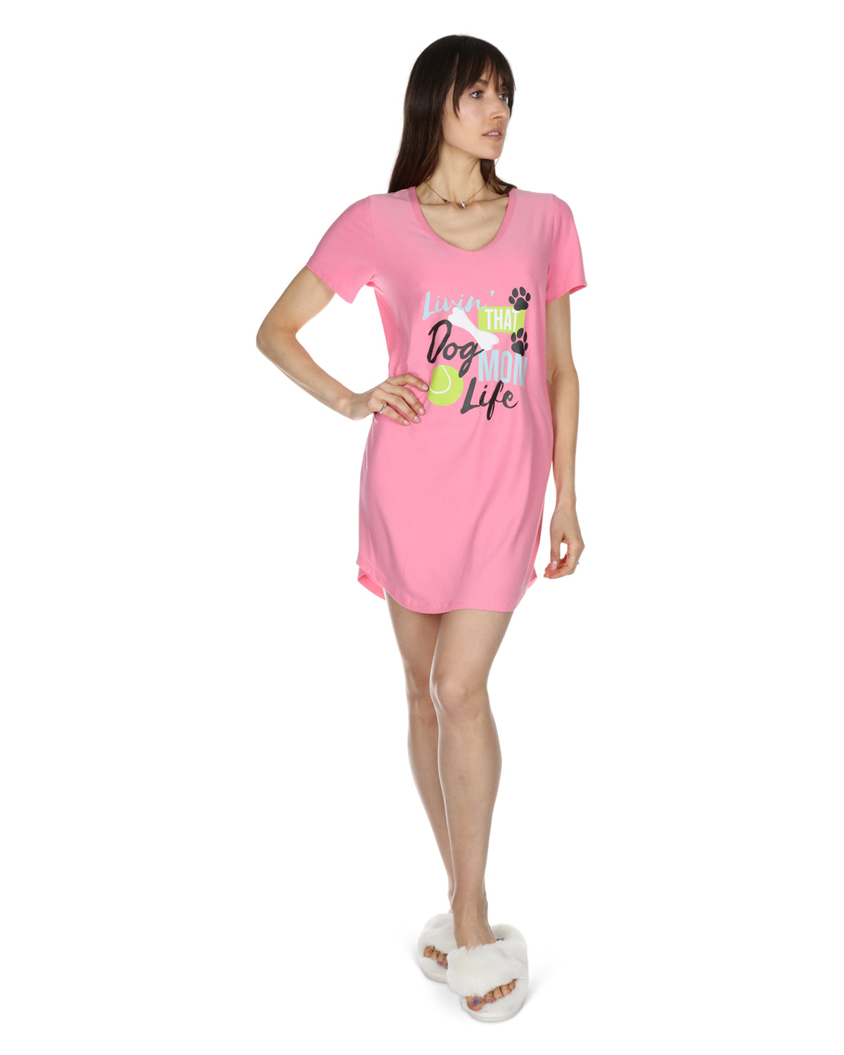 Women's Livin' That Dog Mom Life V-Neck Sleepshirt : Color: Pink