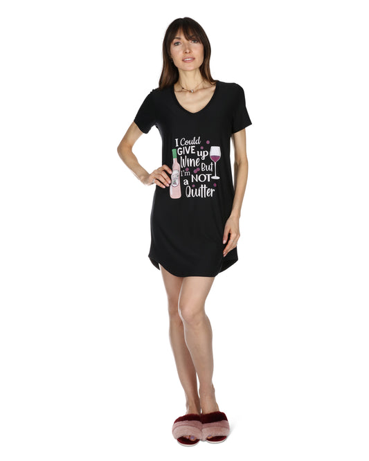 Women's I Could Give Up Wine But I'm Not A Quitter V-Neck Sleepshirt : Color: Black