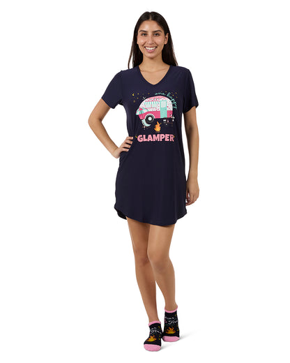 Women's One Happy Glamper V-Neck Sleepshirt : Color: Navy