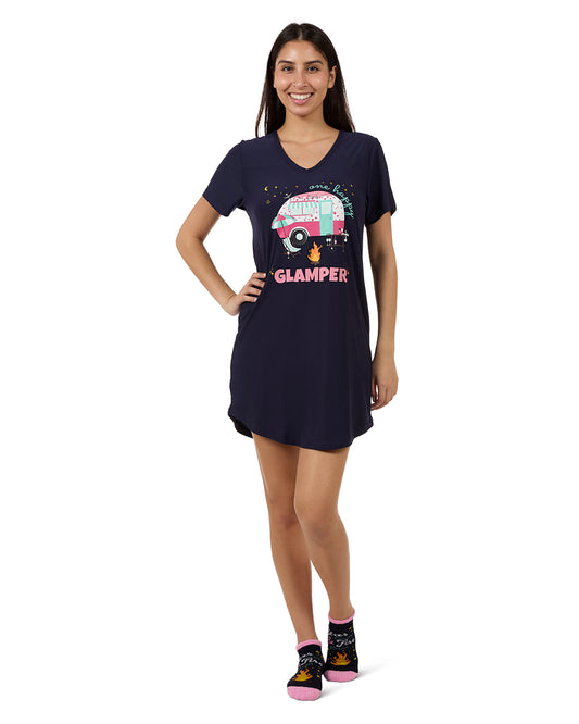 Women's One Happy Glamper V-Neck Sleepshirt : Color: Navy