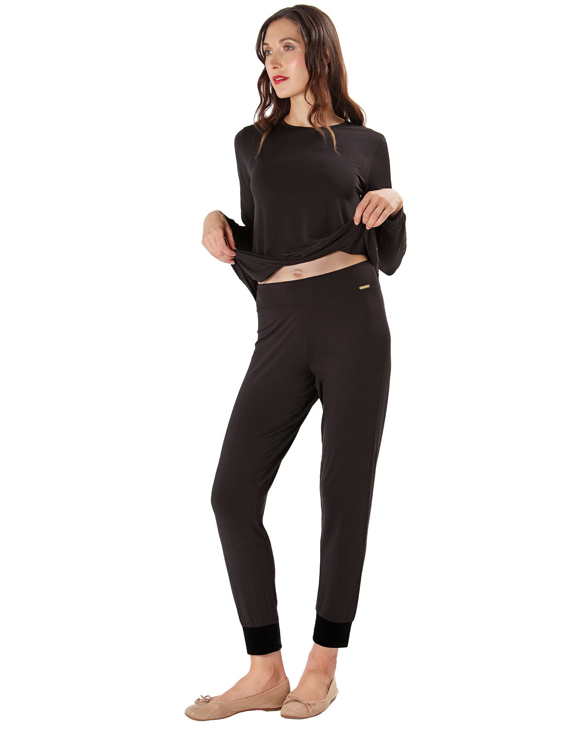 Women's Velvet Racing Stripe Trim Long Sleeve Pajama Set : Color: Black
