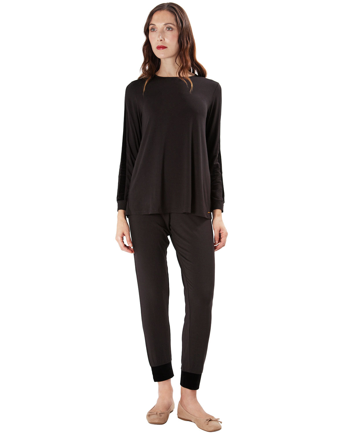 Women's Velvet Racing Stripe Trim Long Sleeve Pajama Set : Color: Black