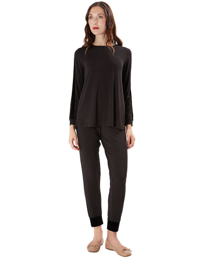 Women's Velvet Racing Stripe Trim Long Sleeve Pajama Set : Color: Black