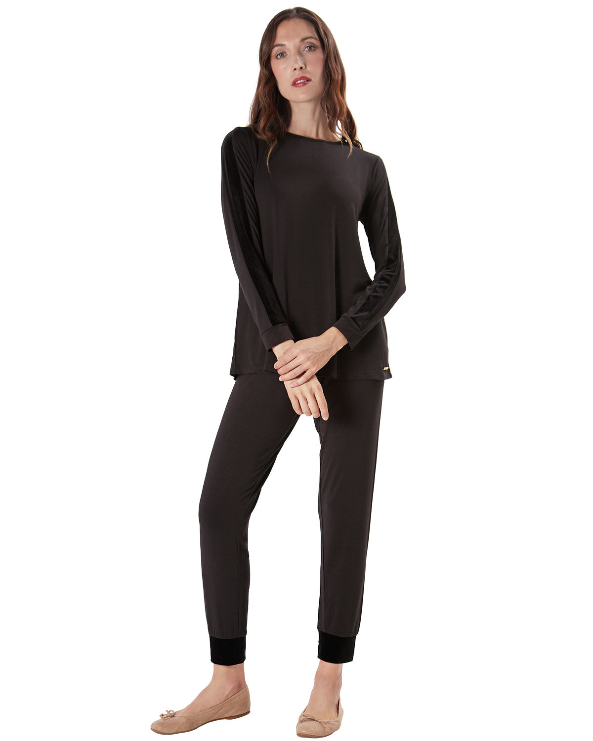 Women's Velvet Racing Stripe Trim Long Sleeve Pajama Set : Color: Black