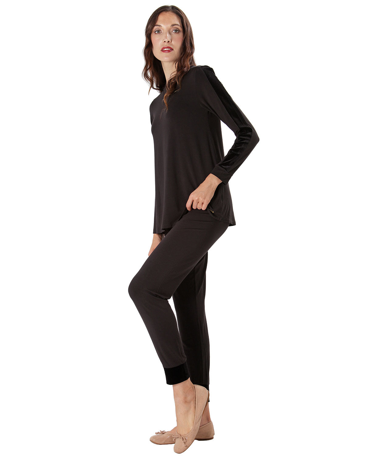 Women's Velvet Racing Stripe Trim Long Sleeve Pajama Set : Color: Black
