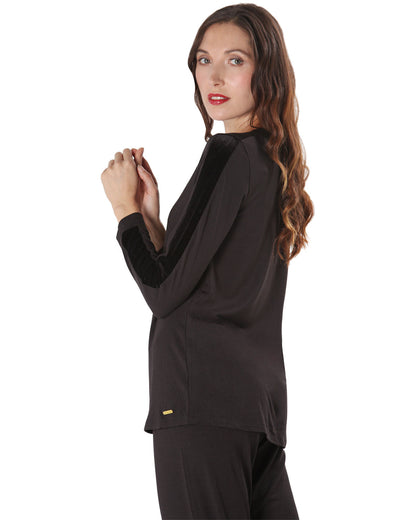 Women's Velvet Racing Stripe Trim Long Sleeve Pajama Set : Color: Black