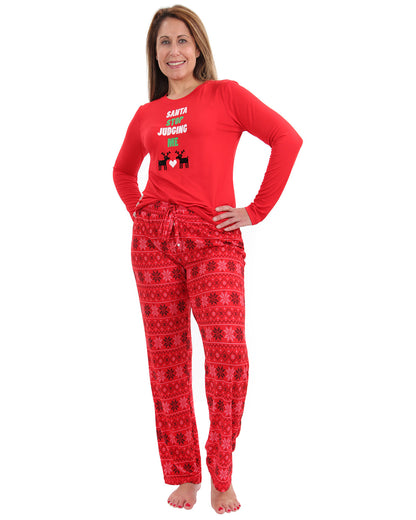 Women's Santa Don't Judge Me Snowflake Love Two-Piece PJ Set : Color: Red