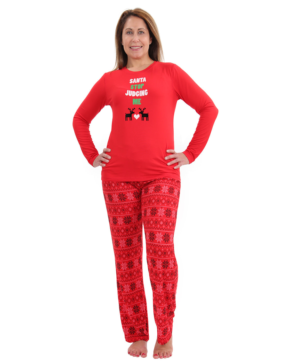 Women's Santa Don't Judge Me Snowflake Love Two-Piece PJ Set : Color: Red