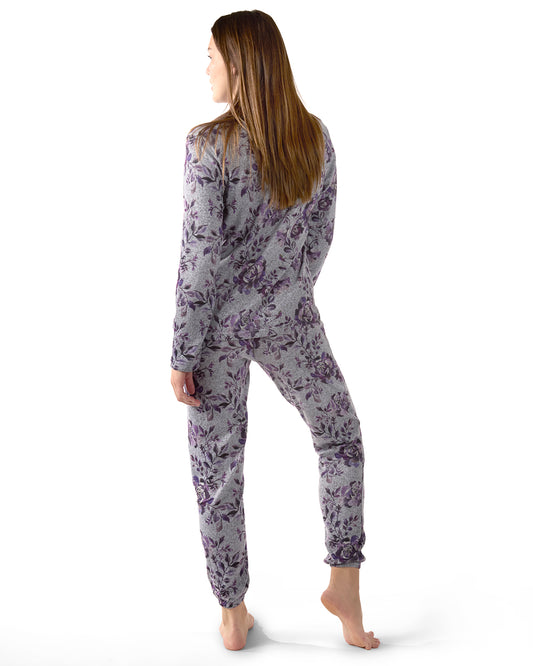 Women's 2 Piece Purple Blossom Long Sleeve and Tapered Pant Pajama Set