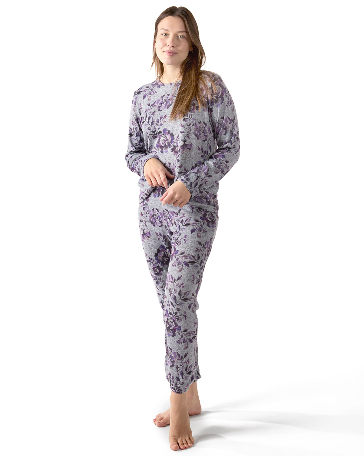 Women's 2 Piece Purple Blossom Long Sleeve and Tapered Pant Pajama Set