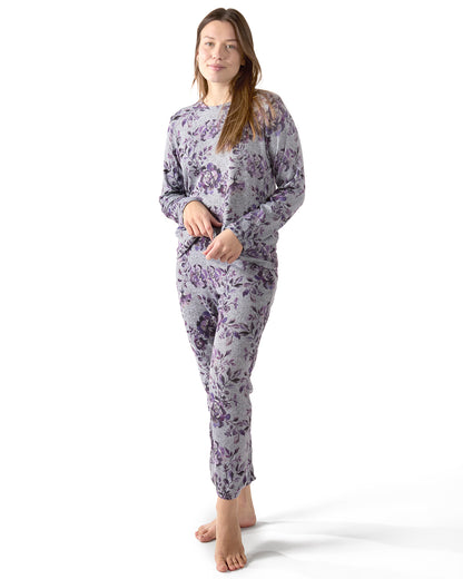 Women's 2 Piece Purple Blossom Long Sleeve and Tapered Pant Pajama Set