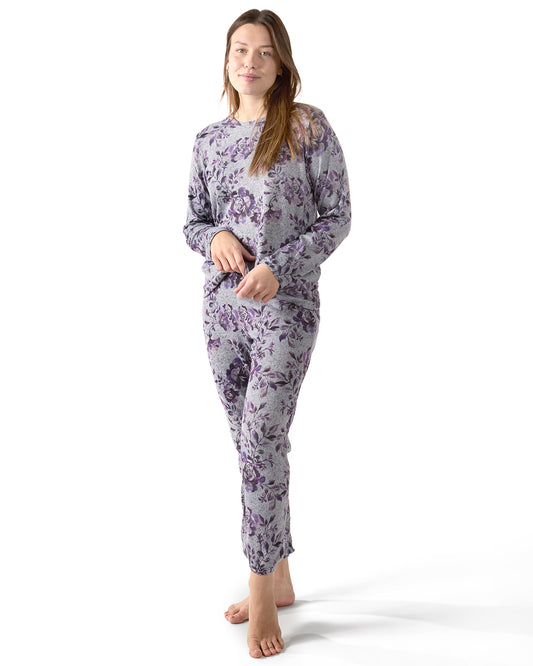 Women's 2 Piece Purple Blossom Long Sleeve and Tapered Pant Pajama Set