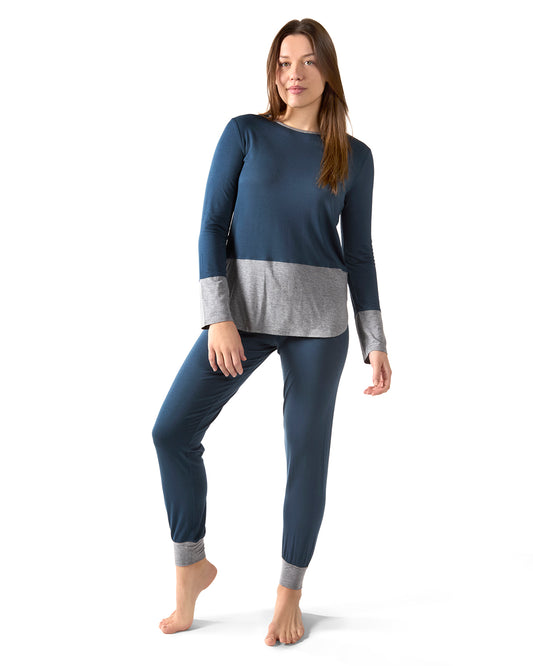 Women's 2 Piece Two Tone Blue and Gray Pajama Set