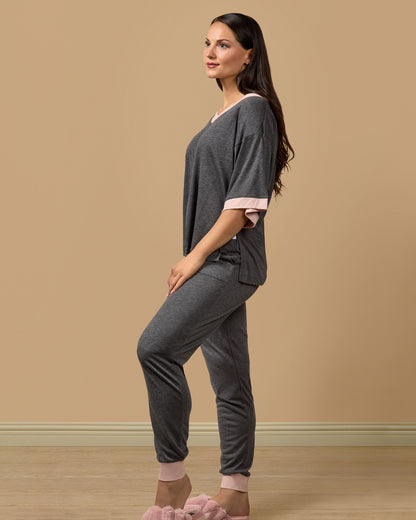 Women's Contrast Trim Loose Fit Modal Short Sleeve and Pants Set