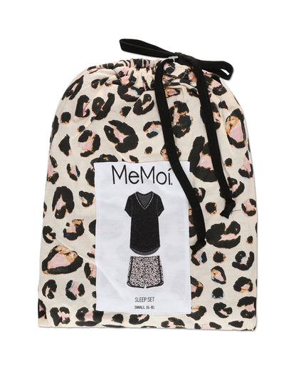 Women's Leopard V-Neck Cotton Blend Pajama Set : Color: Black