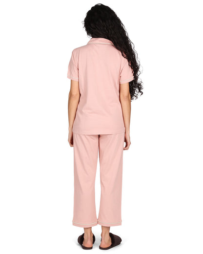 Women's Notch Collar Capri Cotton Blend Pajama Set : Color: Misty Rose