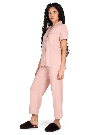 Women's Notch Collar Capri Cotton Blend Pajama Set : Color: Misty Rose