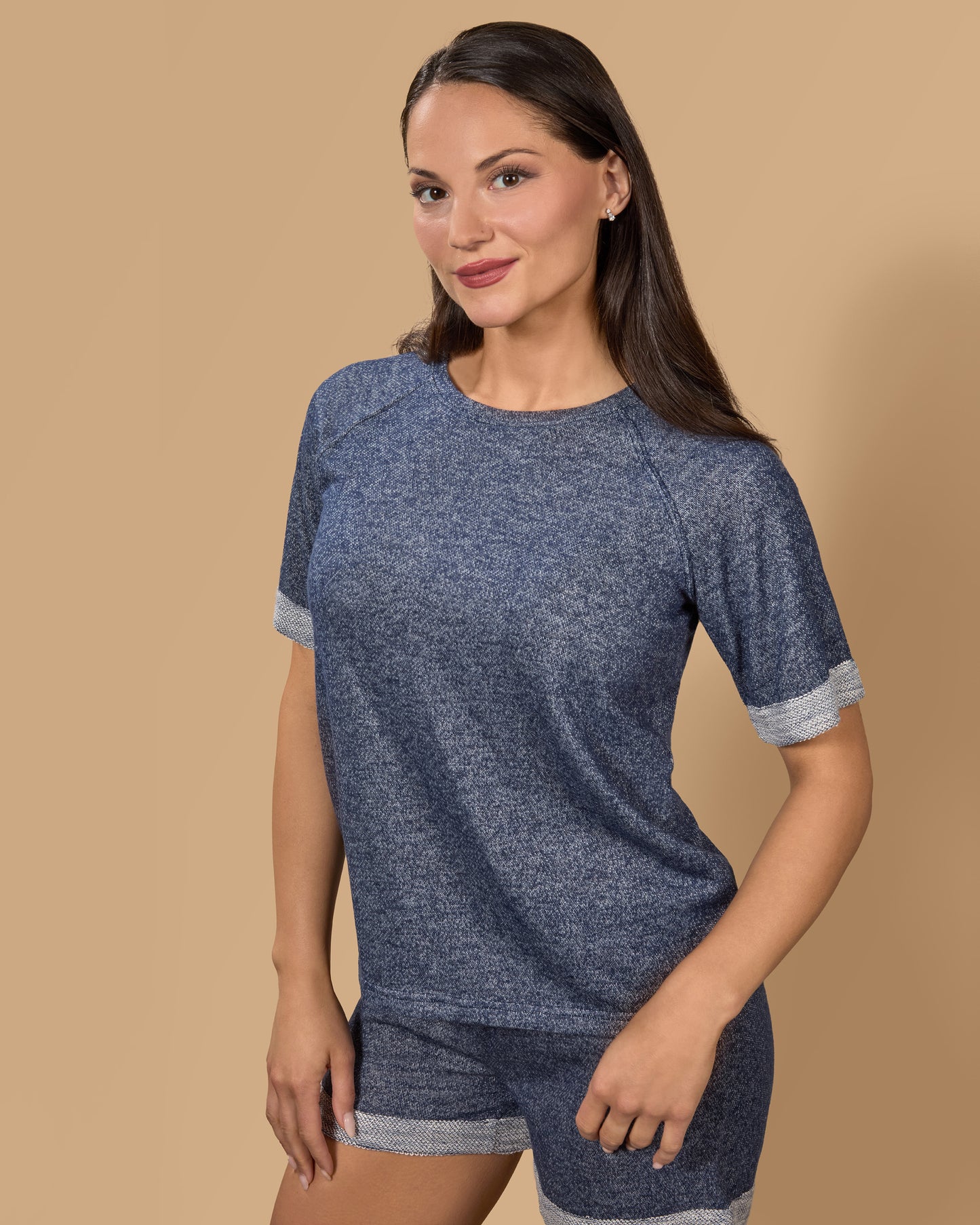 Women's Terry Slub Knit Two-Tone Matching Short and T-Shirt Set