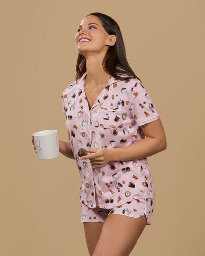 Women's Coffee Lovers Notch Collar Cotton Blend Pajama Set