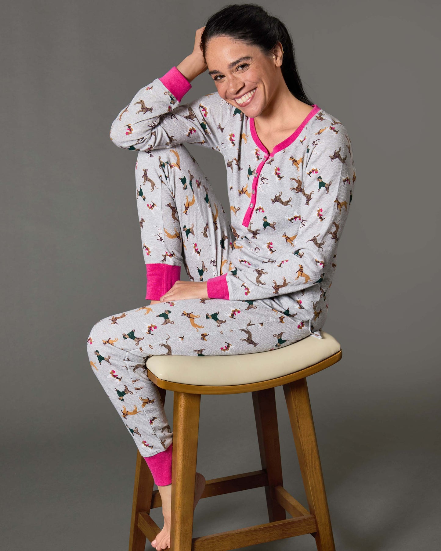 Women's Henley Cotton-Rich Pajama Set with Dog Print