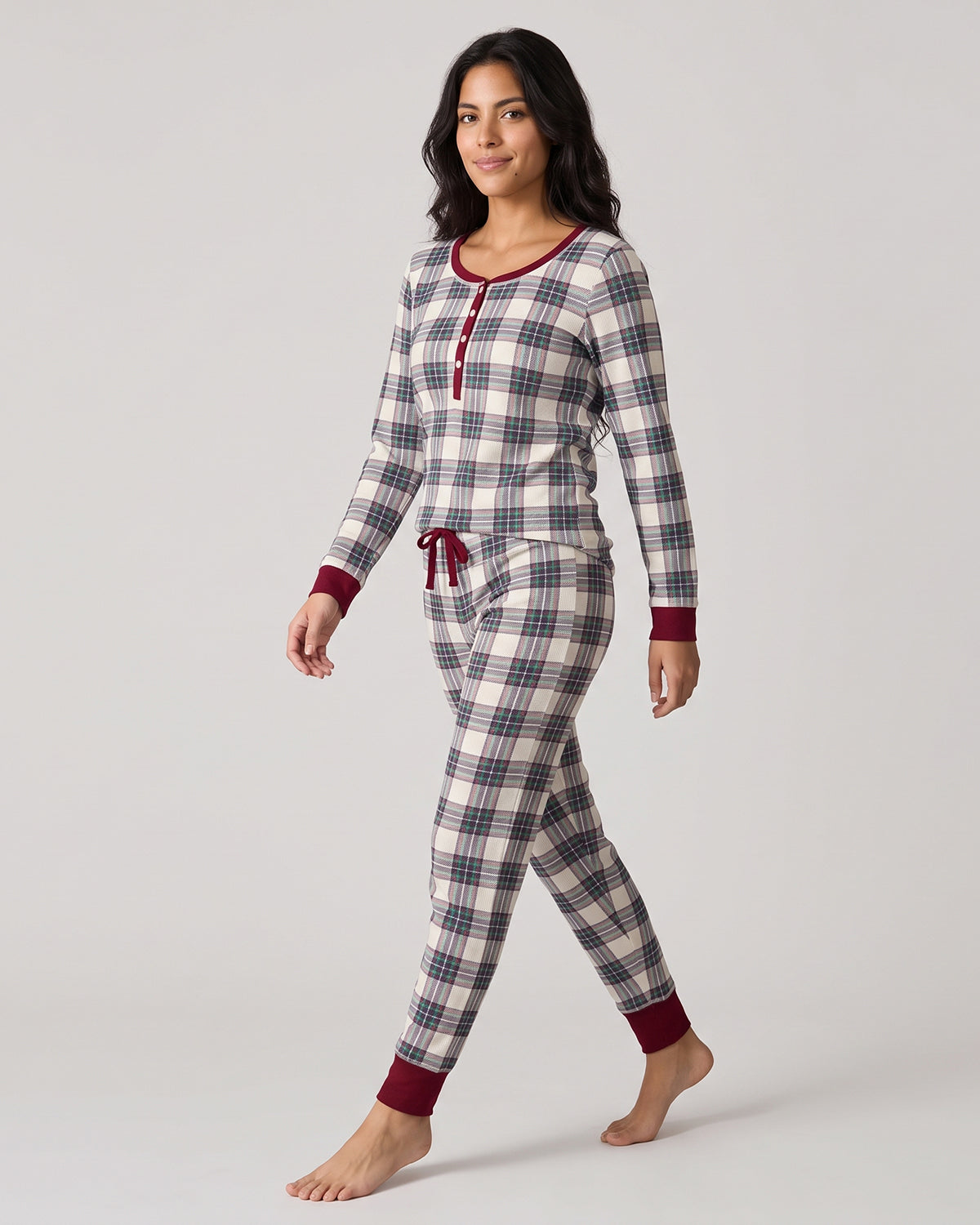 Women's Henley Plaid Cotton Blend Pajama Set