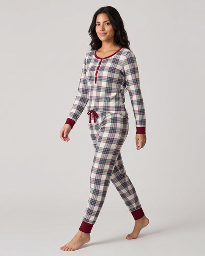Women's Henley Plaid Cotton Blend Pajama Set