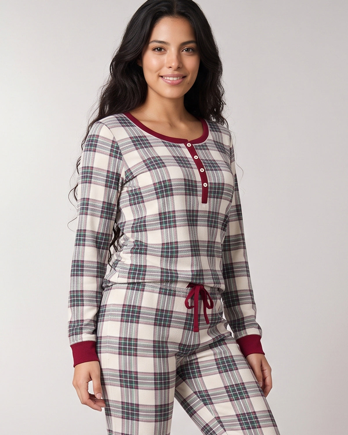 Women's Henley Plaid Cotton Blend Pajama Set