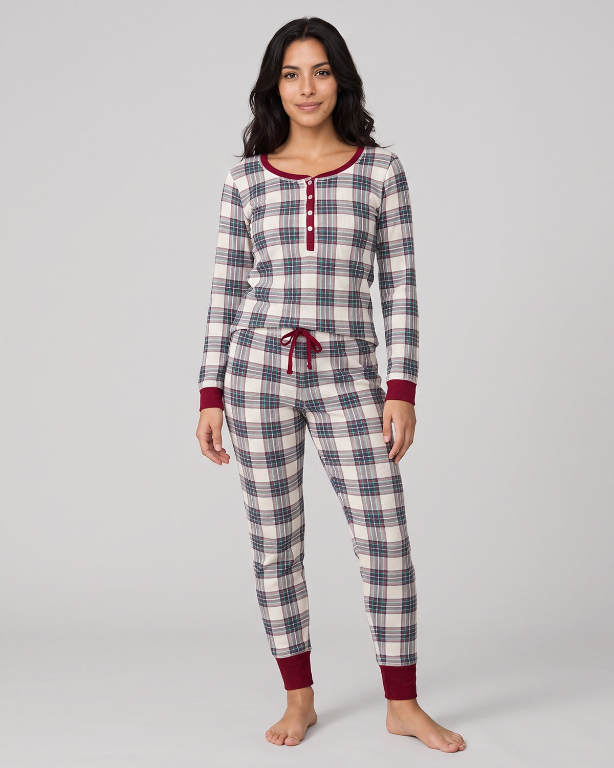 Women's Henley Plaid Cotton Blend Pajama Set