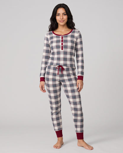 Women's Henley Plaid Cotton Blend Pajama Set