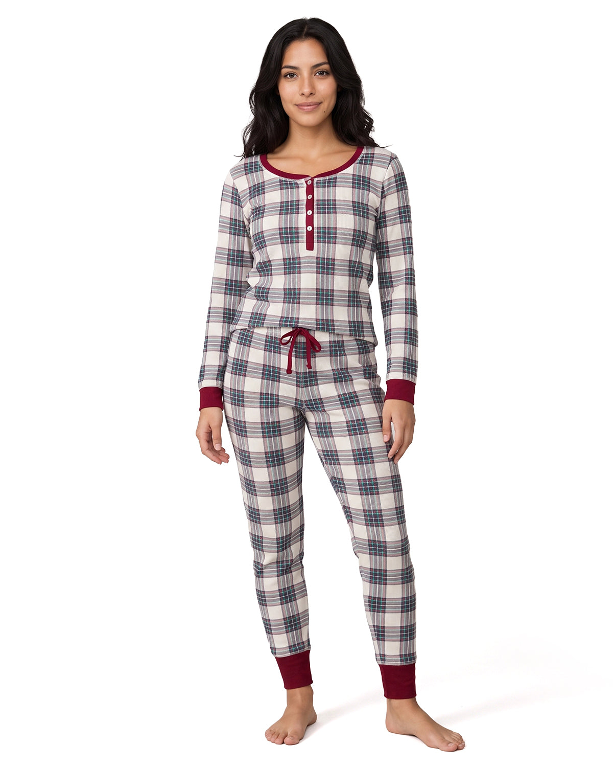 Women's Henley Plaid Cotton Blend Pajama Set
