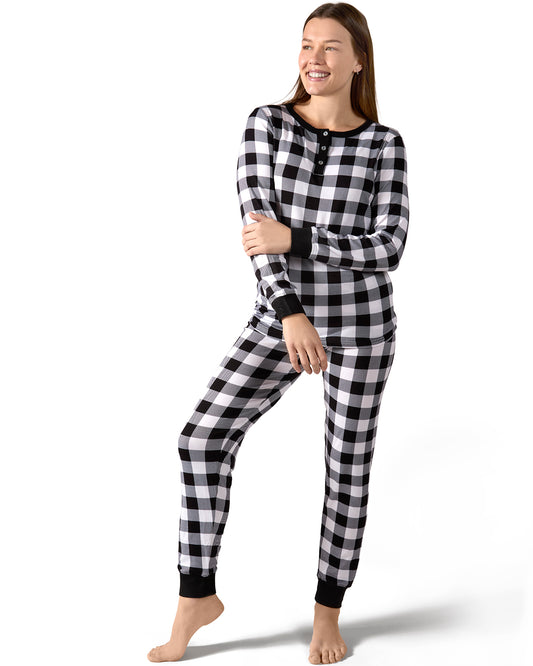 Women's Henley Buffalo Plaid Long Sleeve Pajama Set