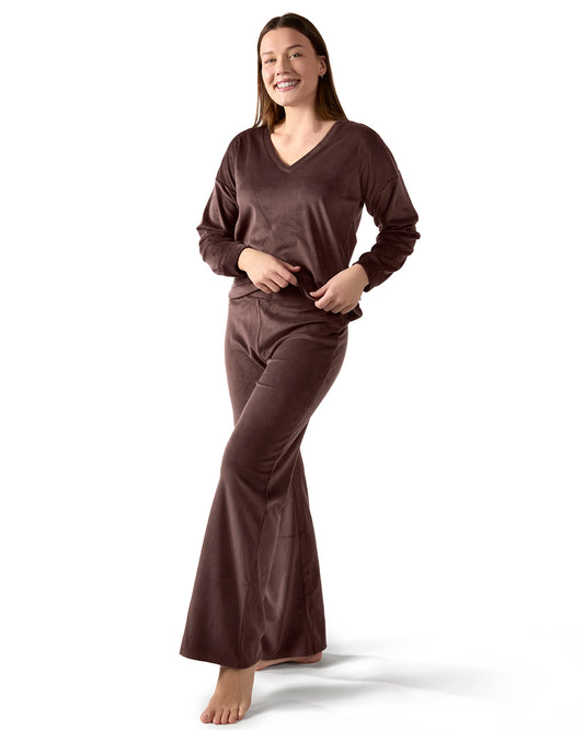 Women's Velour Loose Fit V-Neck Sweatshirt and Pants Set