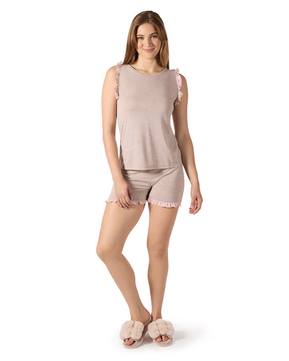 Women's Contrast Ruffle Trim Modal Top and Shorts Set