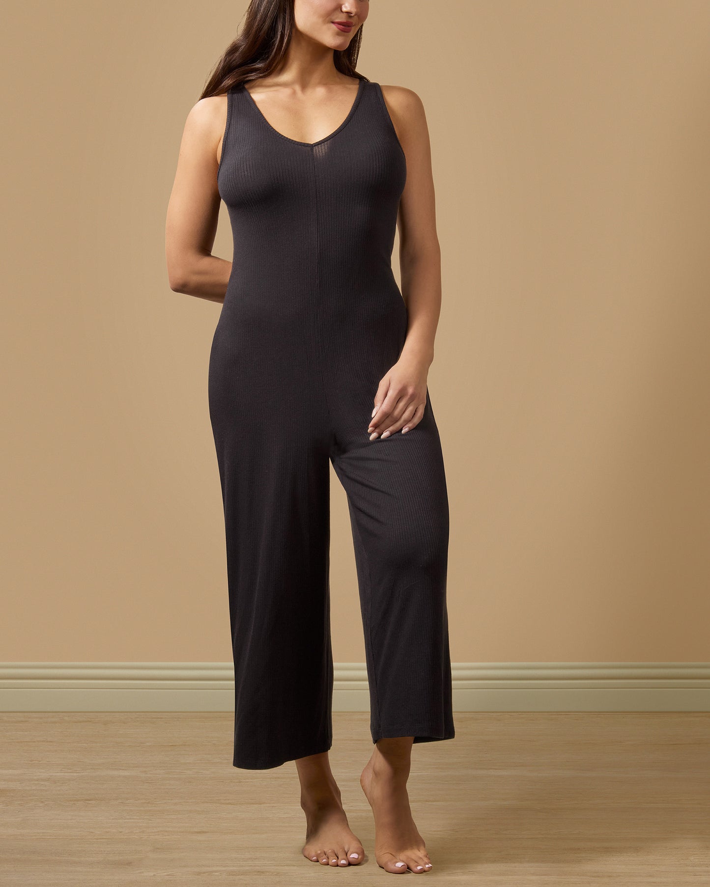 Women's V-Neck Luxe Rib Fitted Capri Style Romper