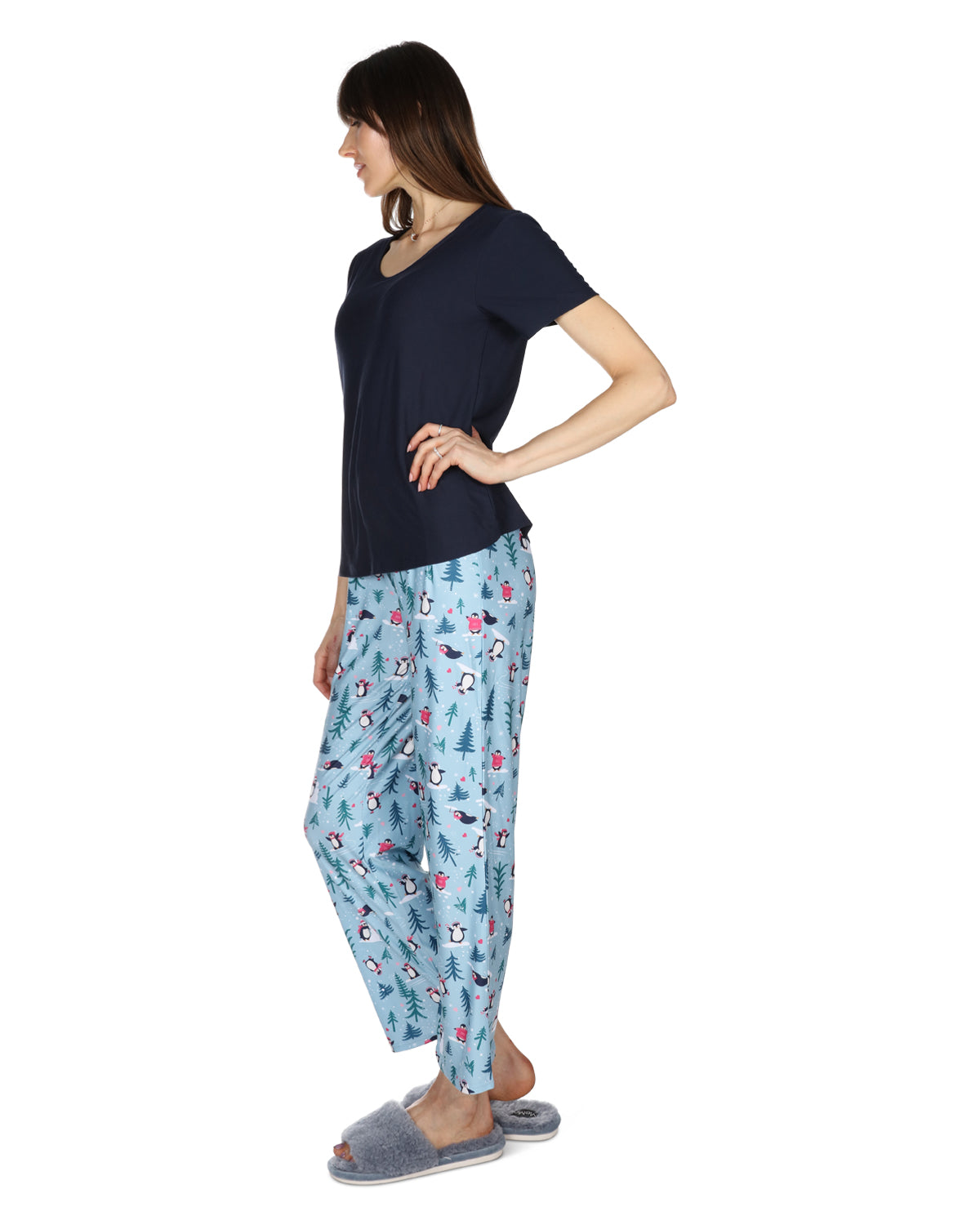 Women's Winter Penguin Two Piece PJ Set in a Bag : Color: Blue Frost