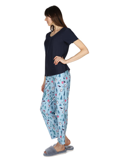 Women's Winter Penguin Two Piece PJ Set in a Bag : Color: Blue Frost