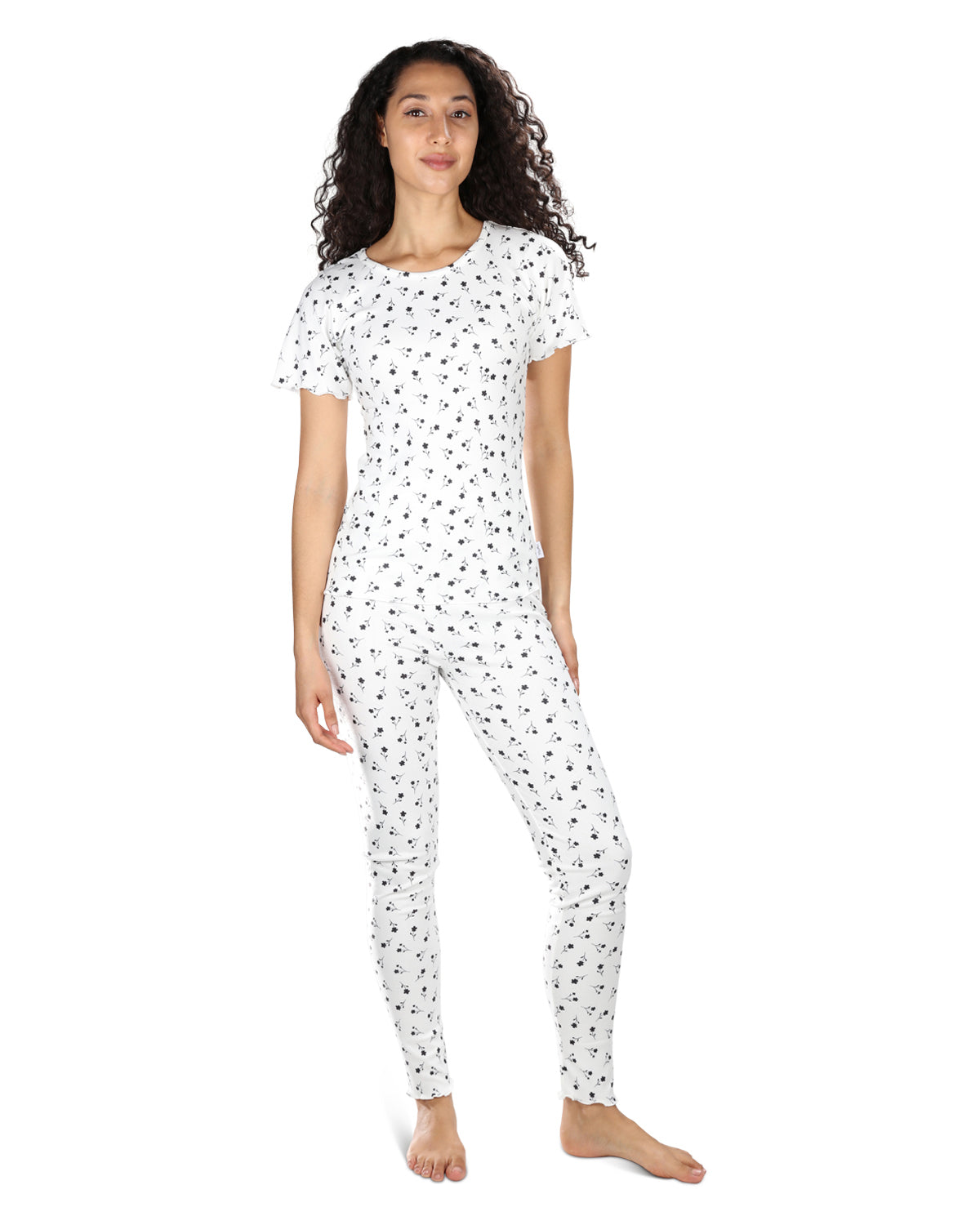 Women's Scalloped Edge Ditsy Floral Two-Piece PJ Set : Color: White
