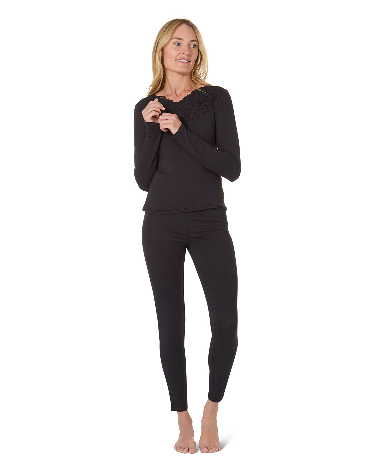 Women's Lace Trim Top Pajama Pants Set : Color: Black