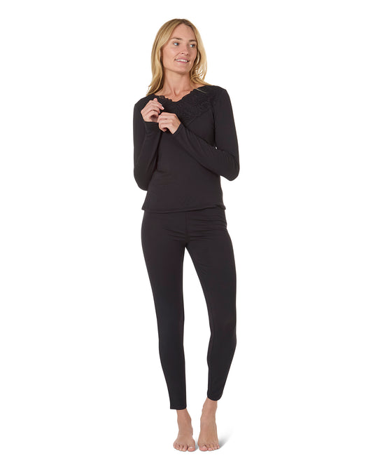 Women's Lace Trim Top Pajama Pants Set : Color: Black