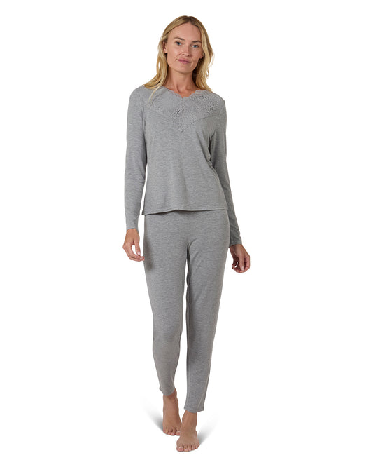 Women's Lace Trim Top Pajama Pants Set : Color: Heather Gray