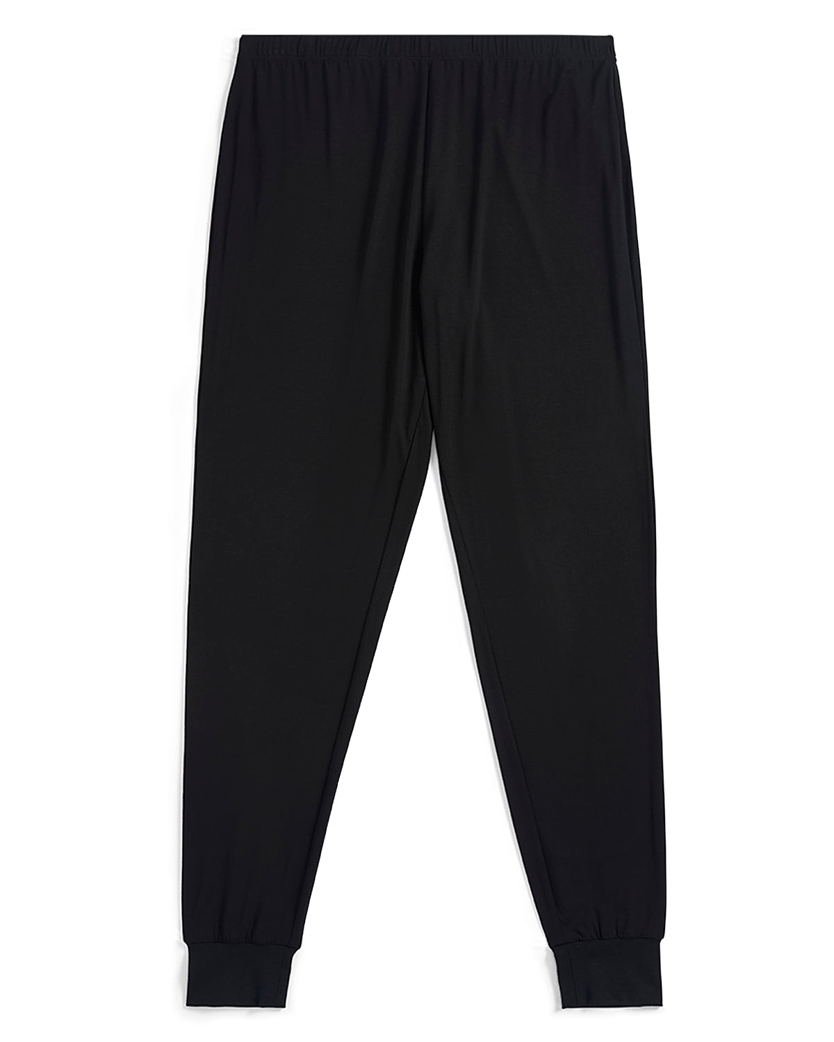 Black jogger pants with an elastic waistband and ribbed ankle cuffs, shown flat against a white background.