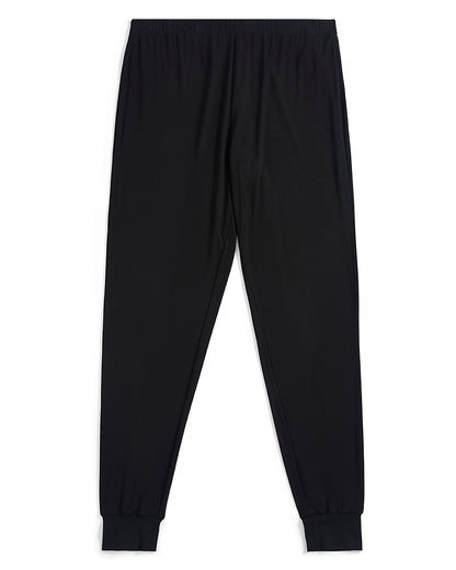 Black jogger pants with an elastic waistband and ribbed ankle cuffs, shown flat against a white background.
