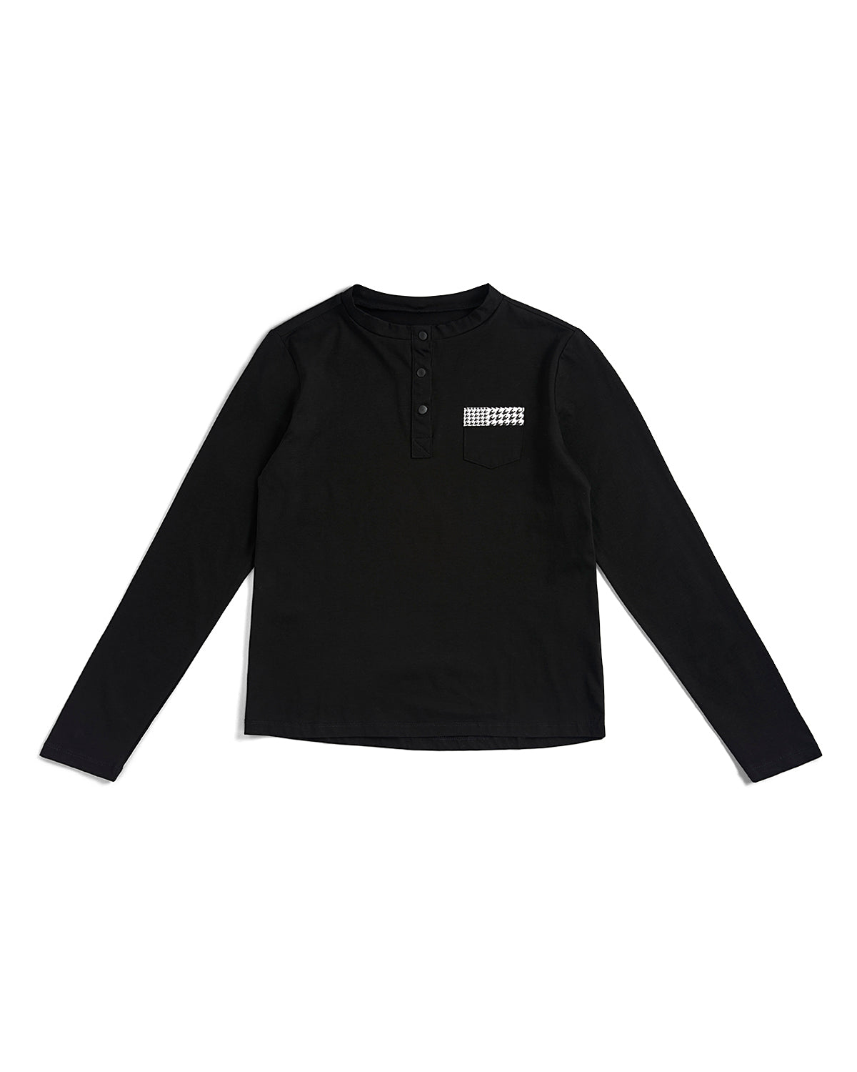 A black long-sleeve henley shirt with a small white graphic logo on the left chest, displayed flat against a plain white background.