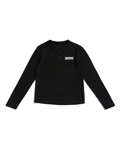 A black long-sleeve henley shirt with a small white graphic logo on the left chest, displayed flat against a plain white background.