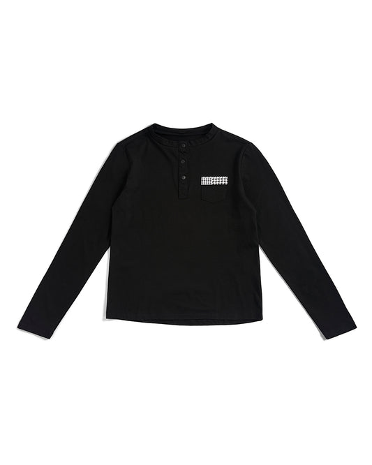 A black long-sleeve henley shirt with a small white graphic logo on the left chest, displayed flat against a plain white background.