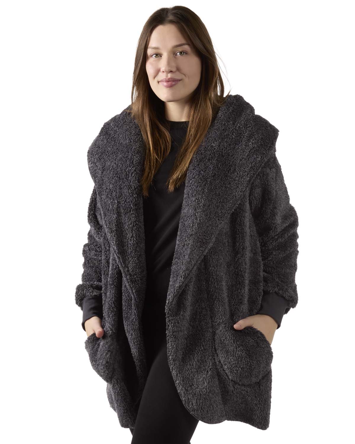 Women's Marled Plush Hooded Lounge Sweater with Shawl Collar
