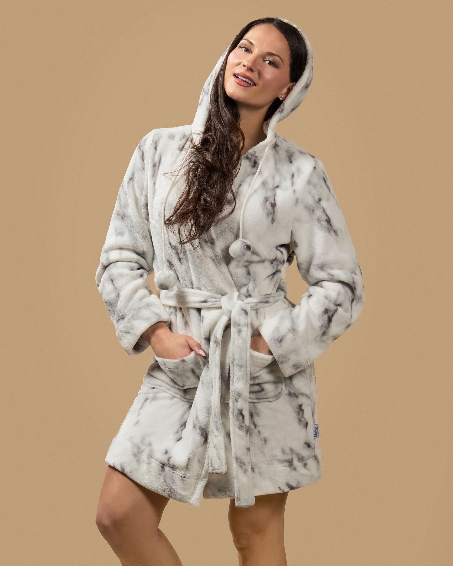 Women's Marble Luxe Fleece Plush Pom Pom Lounge Robe
